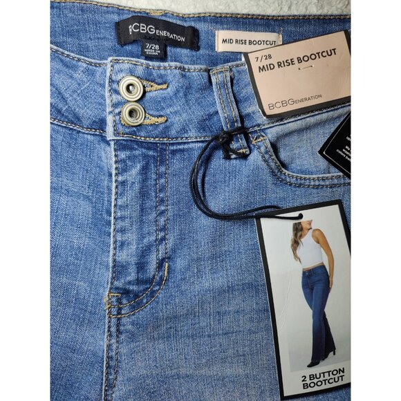 BCBGeneration 2-Button Mid Rise Bootcut Medium Wash Faded Distressed Jeans 7/28 - Picture 6 of 7